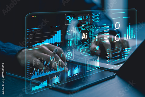AI, data analysis. Business people use AI to analyze financial related data. big data Complex performance measurement With modern innovative technology