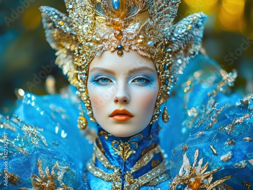 Beautiful Blue Carnival Masque with Feathers & Headpiece