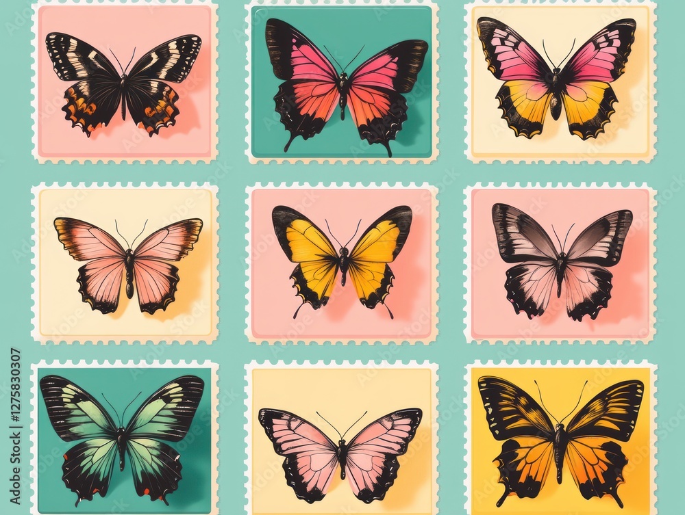 Fototapeta premium Butterfly stamp collection with pink yellow teal s