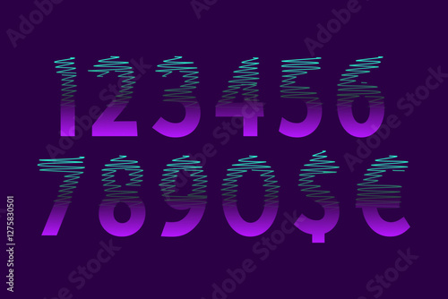 Vibrant pink and cyan gradient numbers with horizontal strokes on a dark purple background. Ideal for neon, vaporwave, futuristic, and digital designs.