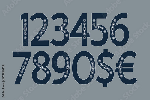 Vector numbers with a dark blue outline and white decorative details on a gray background. Stylish and elegant design for posters, labels, branding, and digital art.
