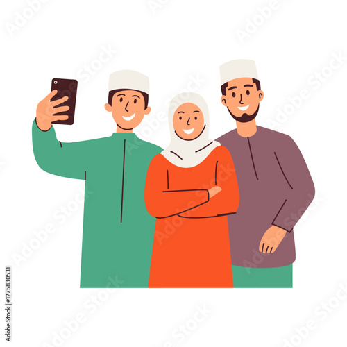 A happy Muslim family takes a selfie together