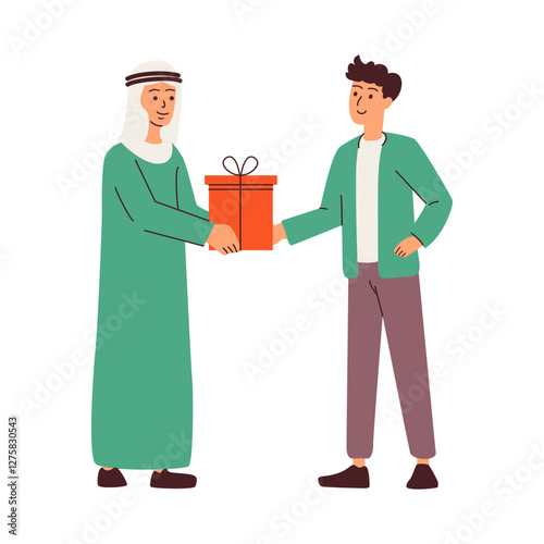 A man in traditional Arab clothing presents a gift to a younger man