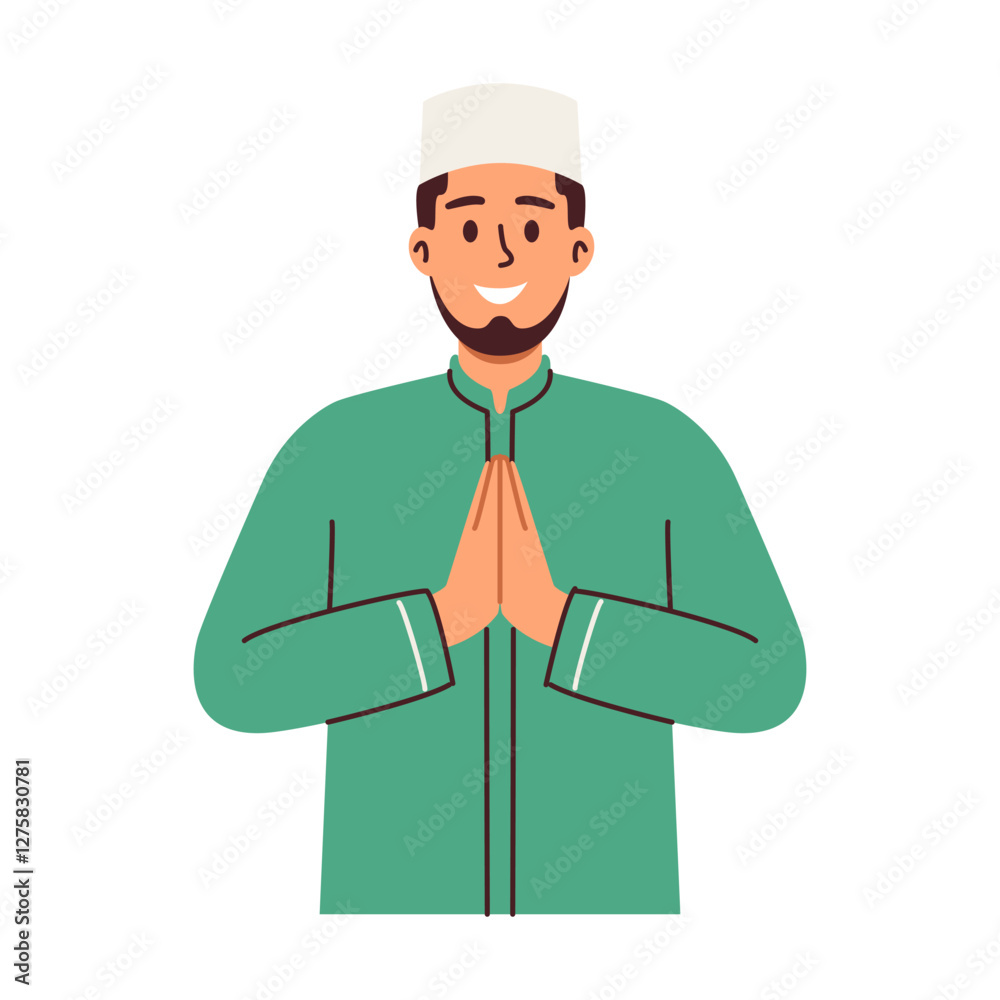 A smiling man in traditional clothing offers a gesture of peace and respect A smiling man in traditional clothing offers a gesture of peace and respect