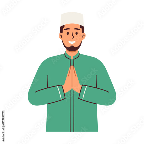 A smiling man in traditional clothing offers a gesture of peace and respect