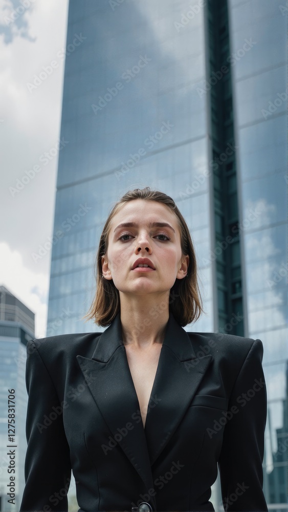 Portrait of a young beautiful businesswoman in a black suit against a backdrop of modern city skyscrapers. Portrait of a young beautiful businesswoman in a black suit against a backdrop of modern city skyscrapers.