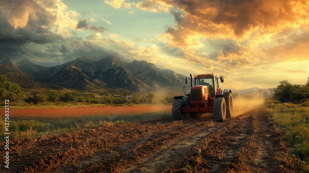 Fototapeta premium A tractor plows a field at sunset with mountains in the background and clouds in the sky creating a stunning image