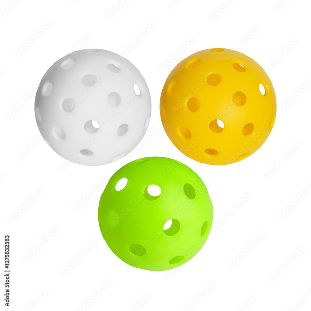 Bright green yellow and white pickleballs, isolated on a transparent background.