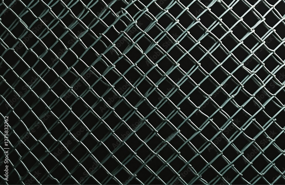 Fototapeta premium White metal mesh with small cells isolated on black background. Green painted metal grill close-up texture. Abstract industrial geometric design with steel lattice.