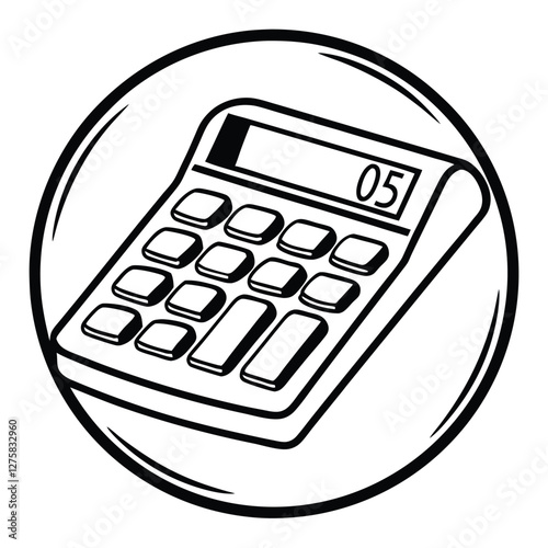 Detailed sketch of a calculator within a circular frame. Features numerical and function keys. Suitable for math-related, academic, and professional content