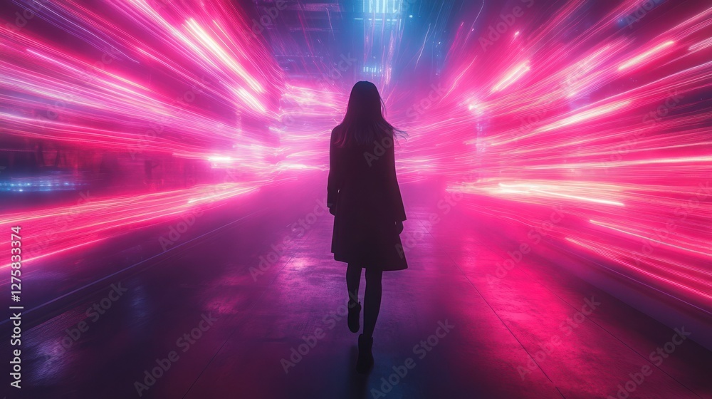 Woman walks neon tunnel, city lights blur, future concept Woman walks neon tunnel, city lights blur, future concept