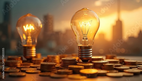 Glowing light bulbs on scattered coins, city skyline at sunset background. Concept of electricity price, cost of living, green energy, power consumption, bright ideas. Innovation. photo