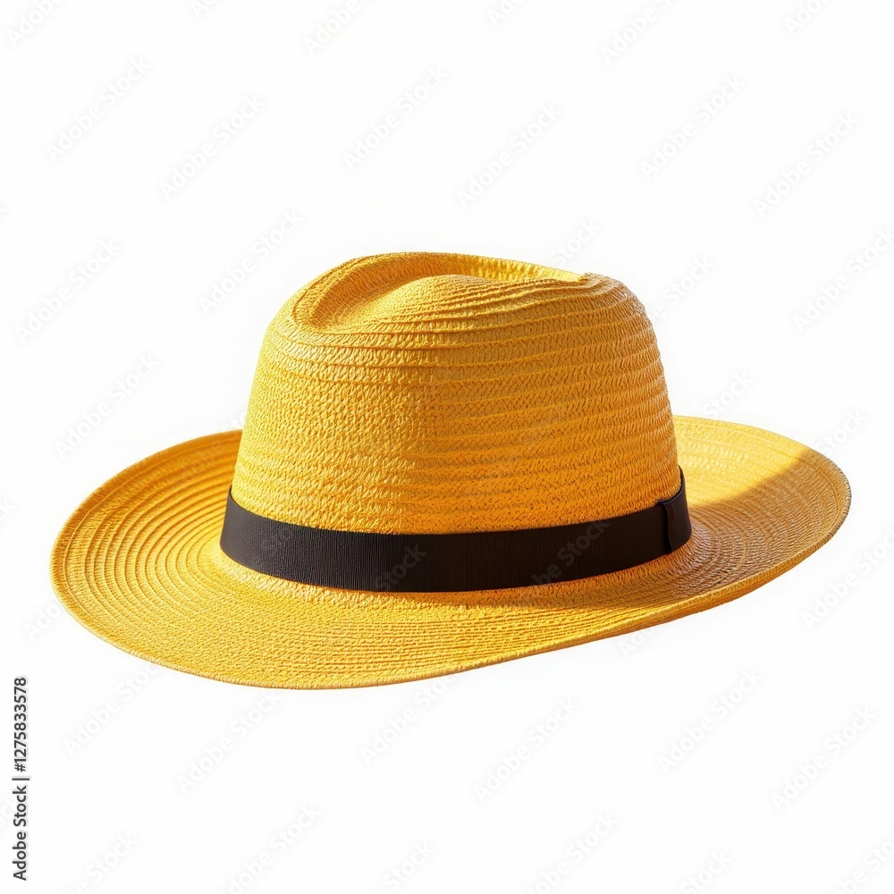 Yellow Straw Fedora Hat Summer Fashion Accessory Sunlight Style Close Up Isolated on White Background Yellow Straw Fedora Hat Summer Fashion Accessory Sunlight Style Close Up Isolated on White Background