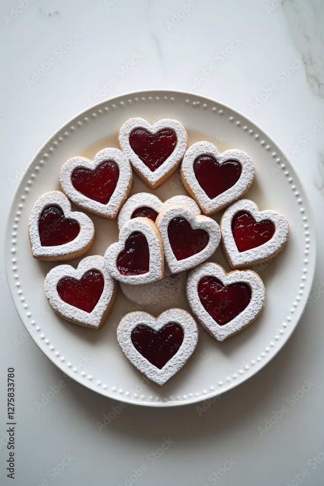 Heart-shaped raspberry jam cookies on white plate for valentine's day dessert inspiration Heart-shaped raspberry jam cookies on white plate for valentine's day dessert inspiration