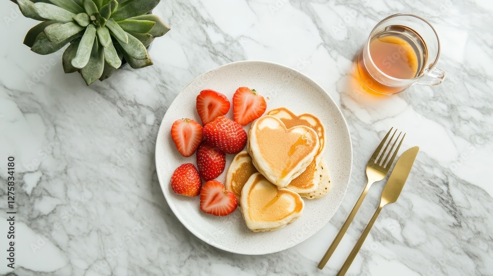 Heart-shaped pancakes with fresh strawberries and tea on marble table for a romantic breakfast Heart-shaped pancakes with fresh strawberries and tea on marble table for a romantic breakfast