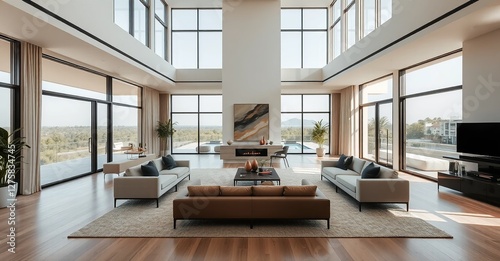 Luxury Residence Interior: Captivating the grandeur of a contemporary luxury residence, the image showcases a vast living area with floor-to-ceiling windows, elegant furnishings.