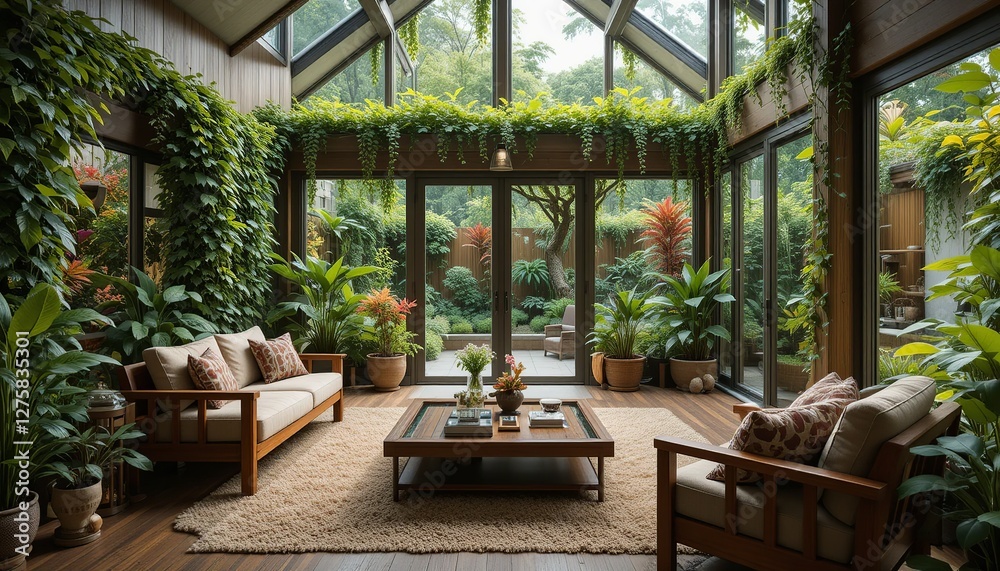 Fototapeta premium Interior Oasis: Serene living space integrated with lush greenery, creating a harmonious blend of nature and design, inviting relaxation and a connection with the outdoors.