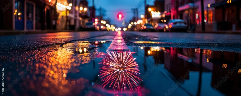 Fireworks Reflection in Puddle on City Street at Night Fireworks Reflection in Puddle on City Street at Night