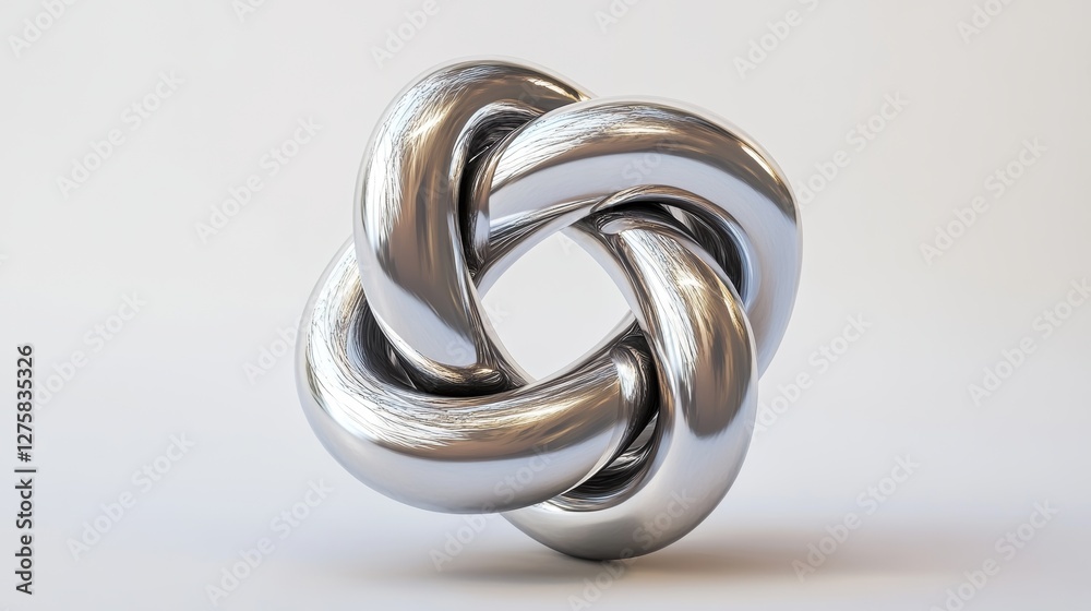Fototapeta premium A 3D-rendered metal torus knot displayed against a clean white background. 