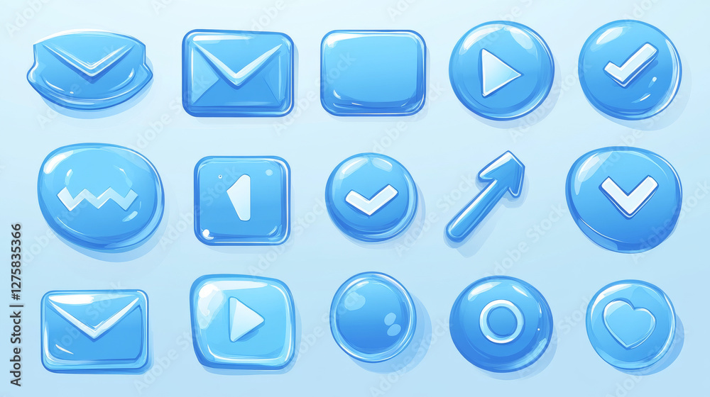 Web buttons, circle glass icons for game user interface design. Vector cartoon set of blue ui elements, glossy buttons with symbols of sound, search, arrows, mail, home, cross and check marks Web buttons, circle glass icons for game user interface design. Vector cartoon set of blue ui elements, glossy buttons with symbols of sound, search, arrows, mail, home, cross and check marks