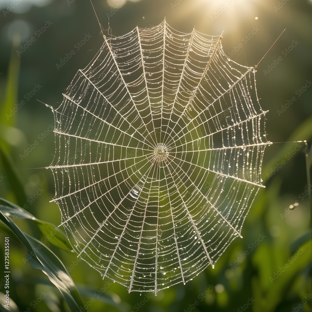 Fototapeta premium Dew-Covered Spider Web in Morning Sunlight