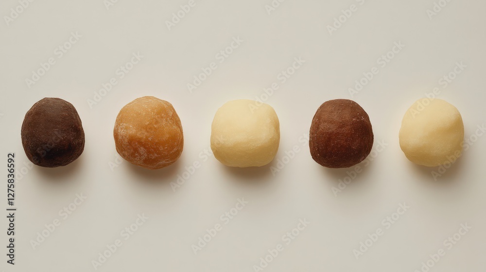 Five assorted round sweets displayed in a row on a clean, neutral background Five assorted round sweets displayed in a row on a clean, neutral background