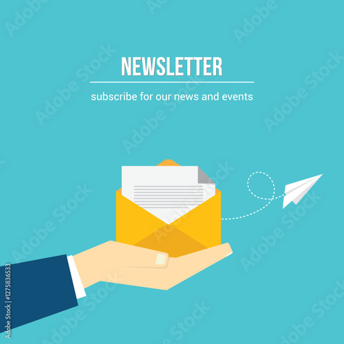 Newsletter. vector illustration of email marketing. subscription to newsletter, news, offers, promotions. a letter and envelope. subscribe, submit. send by mail.