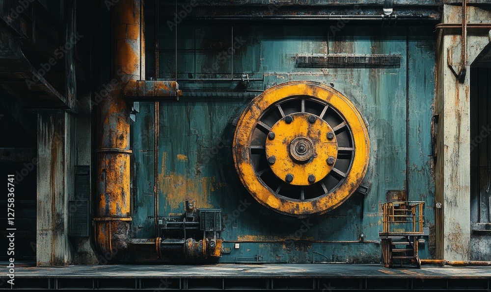 Obraz premium Rusty industrial machinery with large yellow wheel and pipes.