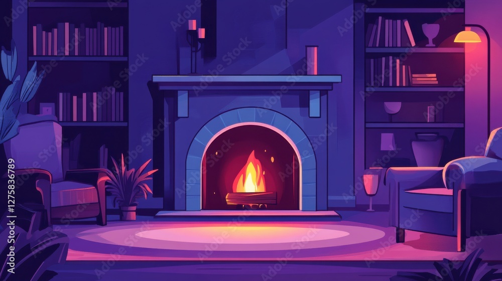 Fototapeta premium Cozy Living Room Illustration with Warm Fireplace and Modern Decor