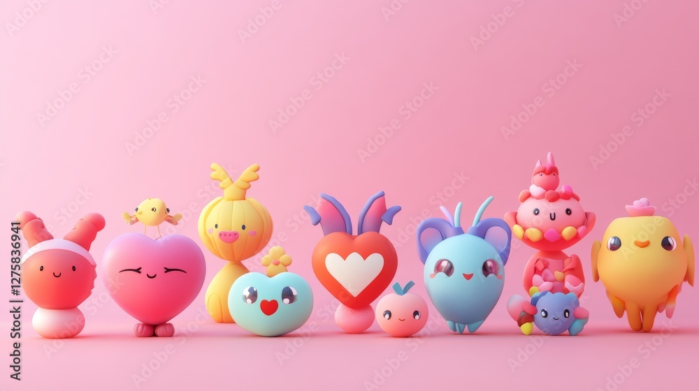 3D cartoon collection of colorful heart-shaped toys on a soft pink background. Perfect for Valentine’s and Mother’s Day decor. 3D cartoon collection of colorful heart-shaped toys on a soft pink background. Perfect for Valentine’s and Mother’s Day decor.