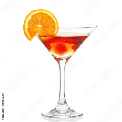 Vibrant cocktail garnished with orange slice and cherry isolated on png transparent background, cut out photo