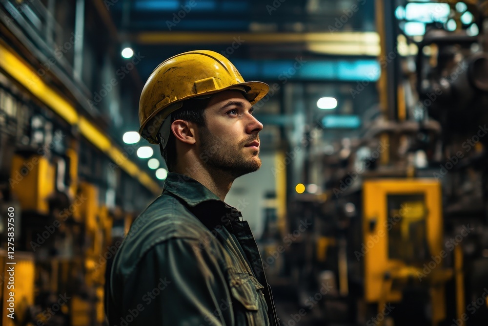 Profile of a Construction Worker in a Factory Setting with Machinery Profile of a Construction Worker in a Factory Setting with Machinery