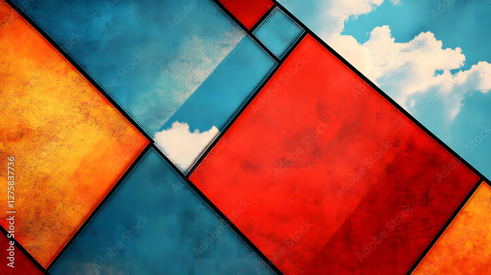 Fototapeta premium Abstract Geometric Artwork Featuring Vivid Red Orange and Blue Colors with a Sky Background