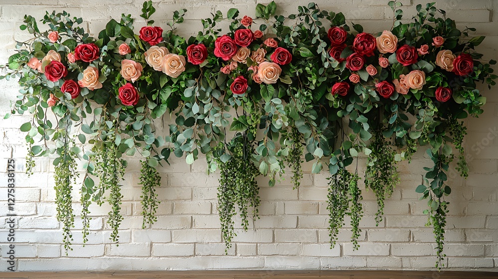 Fototapeta premium Floral wall decor, red and peach roses, greenery, indoor setting, for wedding or event