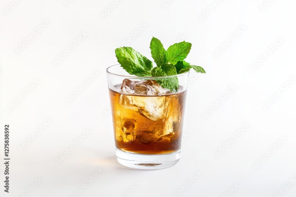 Refreshing mint tea in a clear glass with ice and fresh mint leaves on a white background Refreshing mint tea in a clear glass with ice and fresh mint leaves on a white background