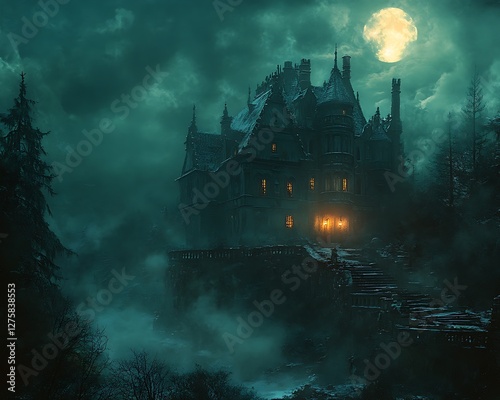 Haunted Castle Moonlight Night Fog
