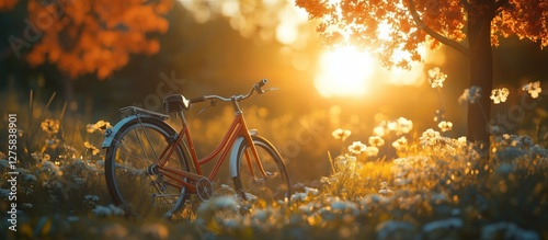 Sunset bike ride through meadow of flowers. Retro bicycle and sunlit, pastoral scene. Golden hour and tranquil landscape.