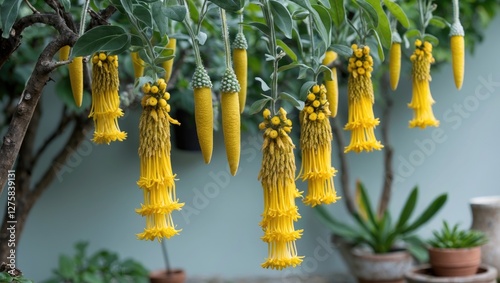 Gmelina Philippensis vibrant yellow flowers hanging gracefully showcasing beautiful floral display in a garden setting. photo