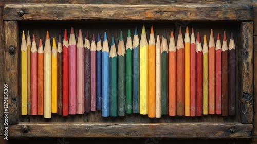 Wooden box, colored pencils, art supplies, studio background, education