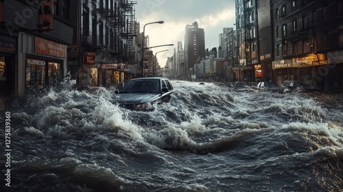 Detailed macro shot of murky water flooding urban area photo