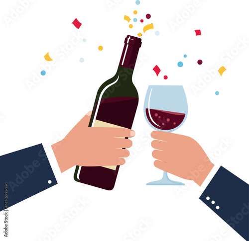 Two hands clinking a wine glass and bottle with colorful confetti in a minimal vector illustration