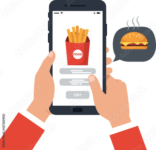 Hands holding smartphone displaying food delivery app with fries and burger in flat vector illustration
