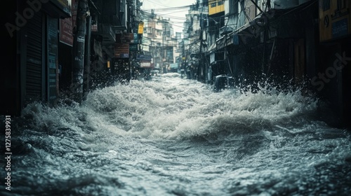 Detailed macro shot of murky water flooding urban area photo