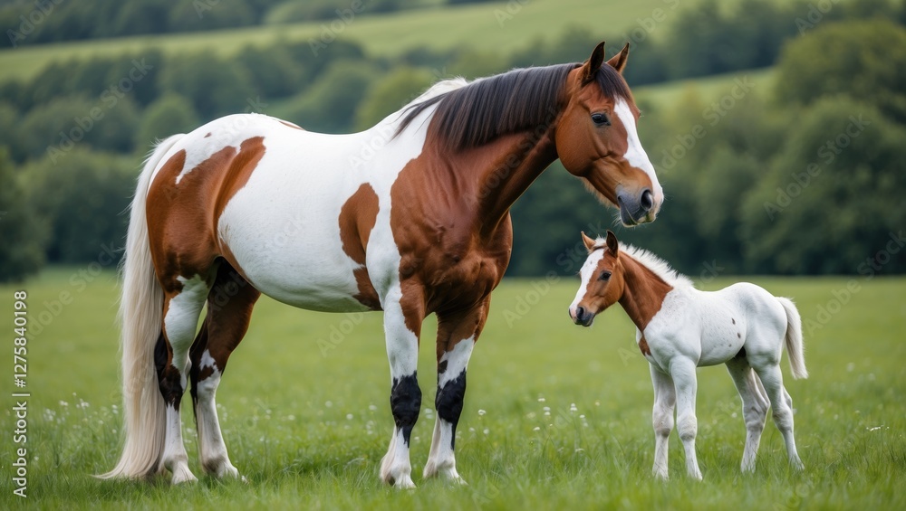 Mother and Foal Horses in Lush Green Meadow with Rolling Hills and Trees in Background on a Sunny Day Mother and Foal Horses in Lush Green Meadow with Rolling Hills and Trees in Background on a Sunny Day