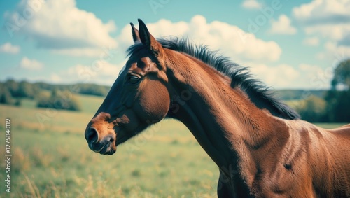 Bay Foal Portrait in Serene Landscape with Lush Greenery and Vibrant Sky Ideal for Text Overlay and Nature Themes photo