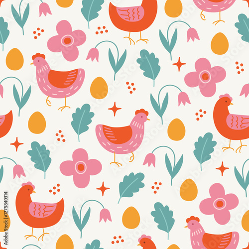 Easter seamless pattern with hens, flowers, eggs, leaves, stars on white background. Perfect for wallpaper, gift paper, spring greeting cards. Vector hand drawn illustration