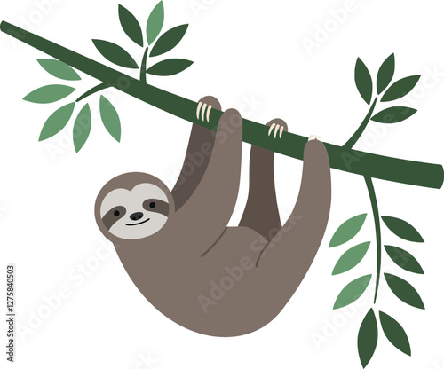 Sloth hanging from a green branch surrounded by leaves in flat vector illustration