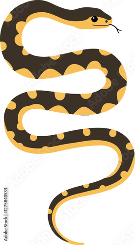 A detailed illustration of a yellow and black striped snake in a flat vector style showcasing its graceful curve and natural elegance in a minimalist design vector art
