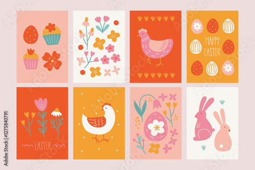 Easter greeting cards with hen, eggs, rabbits, cupcake, flowers, berries in Orange, Yellow, Pink, Green and White. Perfect for holiday decoration. Vector illustration