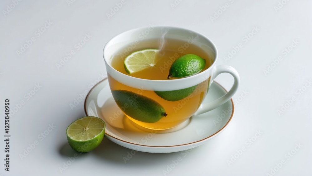 Aromatic Lime Tea in White Cup with Lime Slices and Empty Space for Text on Light Background Aromatic Lime Tea in White Cup with Lime Slices and Empty Space for Text on Light Background